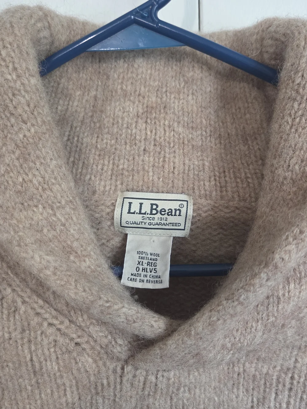 VTG L.L. Bean Shetland Wool Shawl Collar Sweater XL Oatmeal Elbow Patch